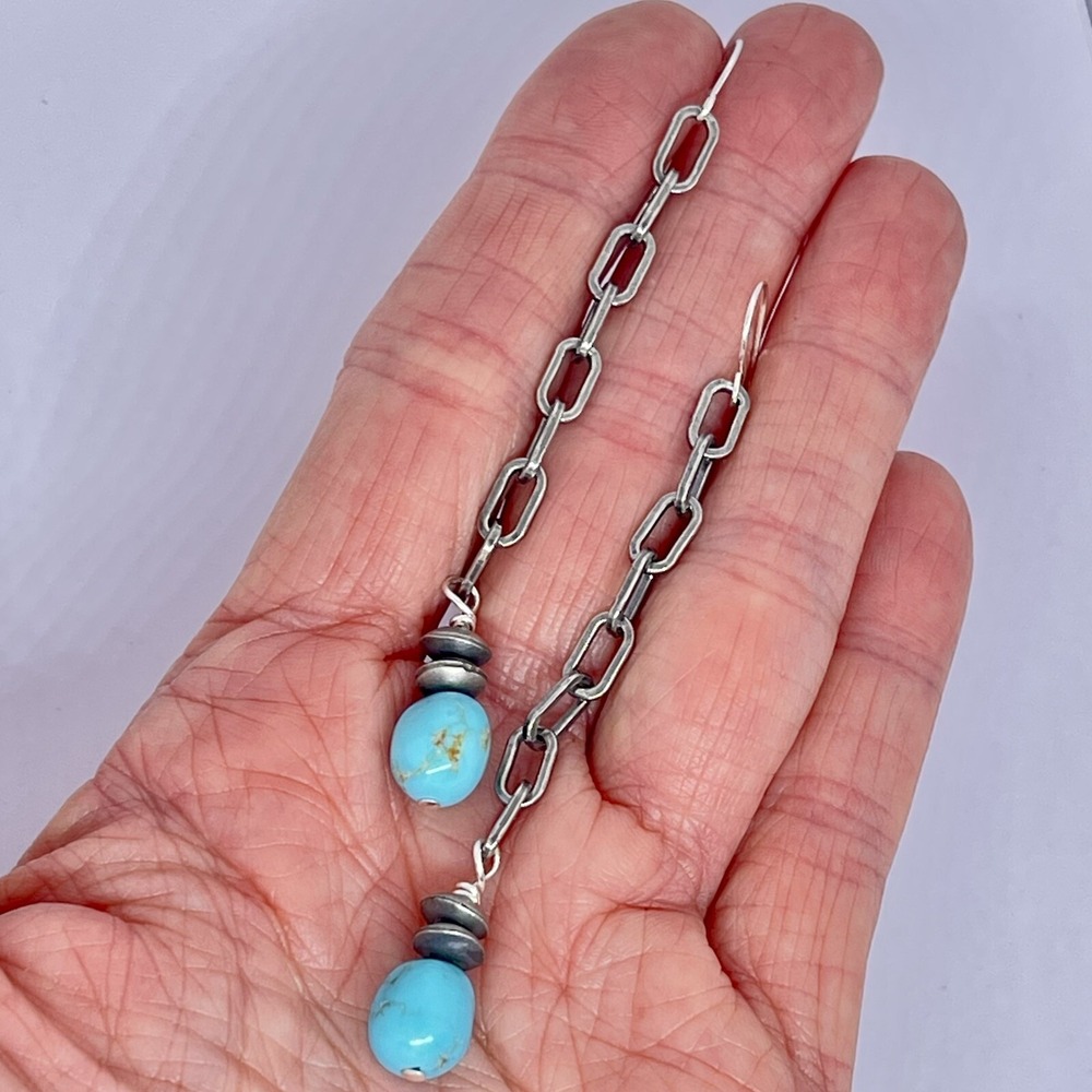 Long Navajo Turquoise Earrings 3.25in Sterling 925 Dangle Navajo Matte Chain - Picture 6 of 9